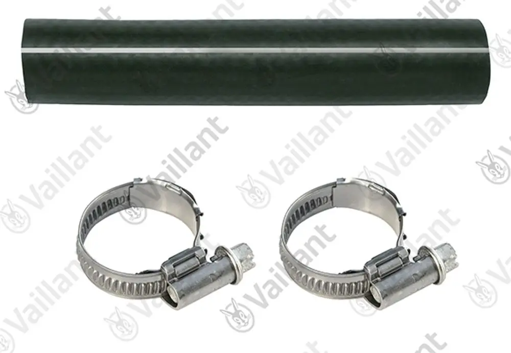 Schwarzer Schlauch und zwei Metallschellen von Vaillant, zur Sicherung und Verbindung von Rohren oder Schläuchen in Heizungsanwendungen.